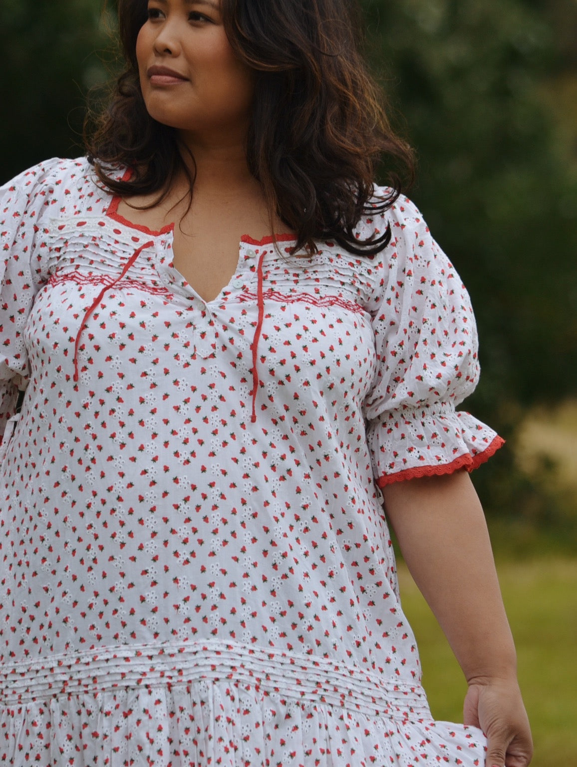 PREORDER - 100% RECYCLED COTTON - MORNING SONG HAND SMOCKED TIERED DRESS - STRAWBERRY EMBROIDERED COTTON