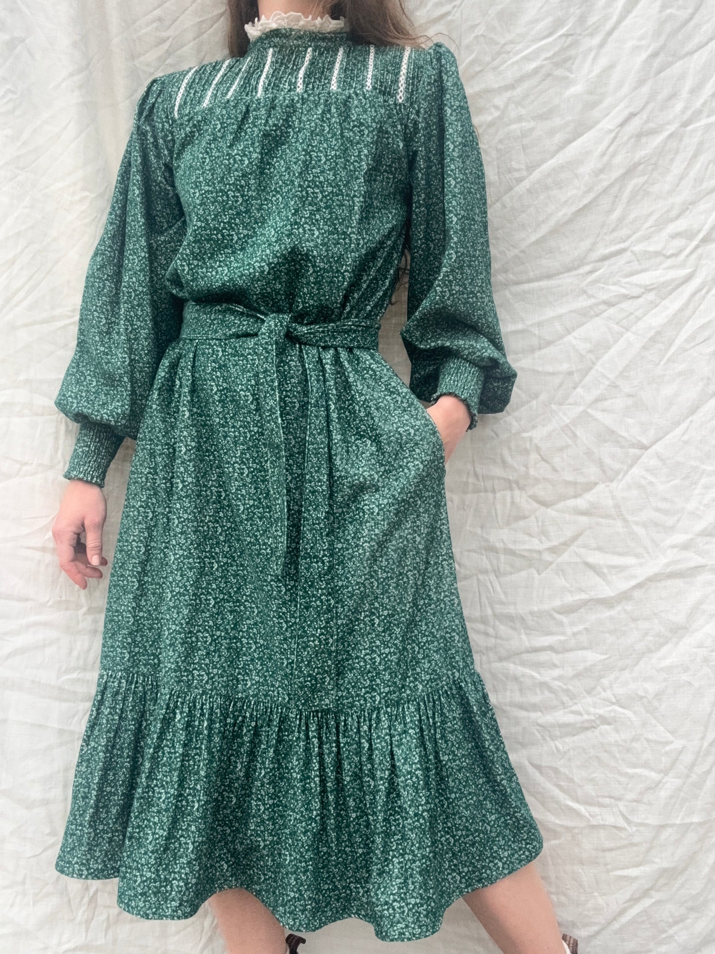 PRELOVED - 100% RECYCLED COTTON CORDUROY - CLOTHILDE DRESS FOREST GREEN MIDI XS