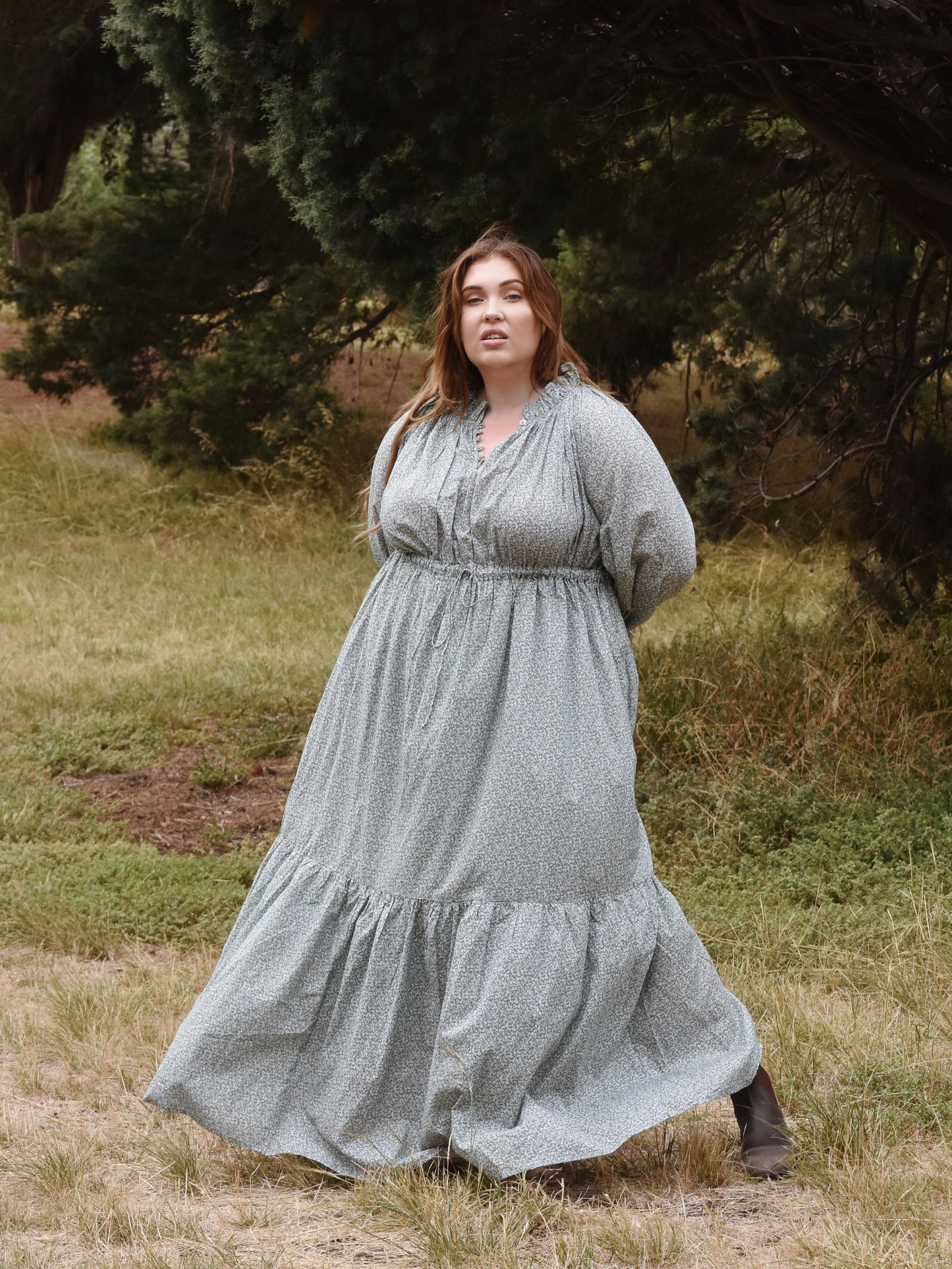 100% RECYCLED COTTON - PRAIRIE MAXI DRESS SAGE GREEN FLORAL