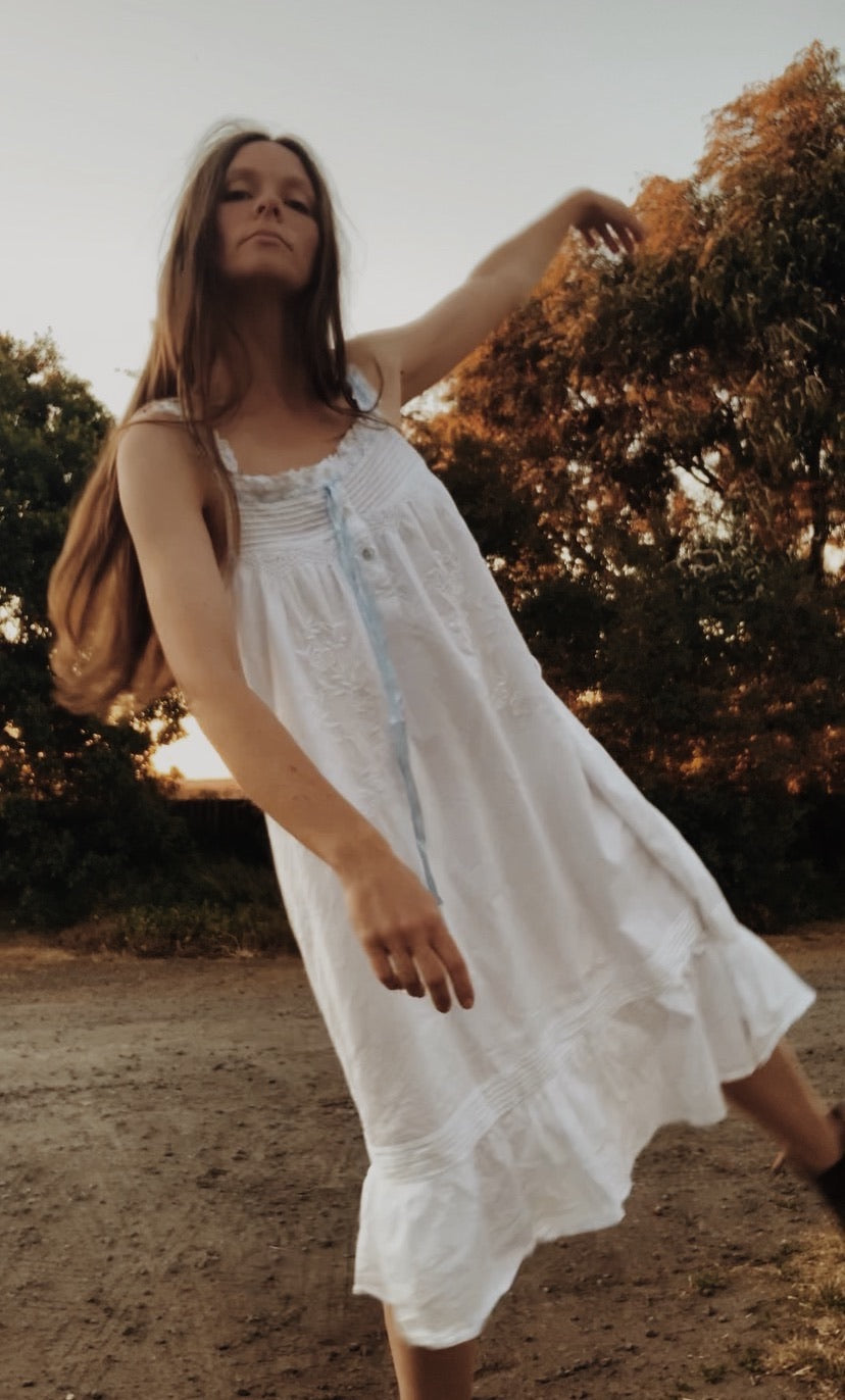 100% RECYCLED COTTON - NIGHTINGALE HAND SMOCKED DRESS WHITE