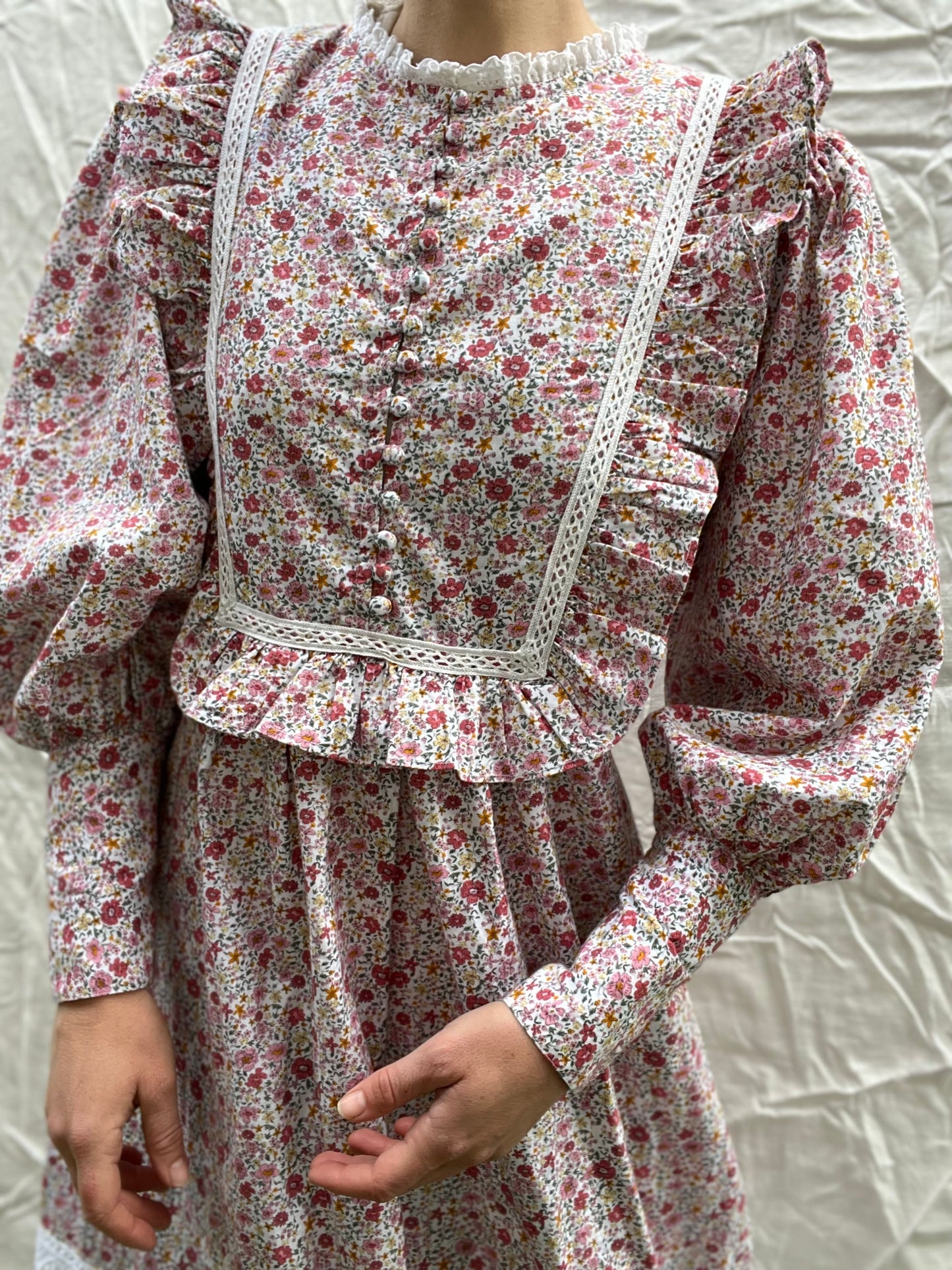 PRELOVED - 100% RECYCLED COTTON - CLARA DRESS PINK DITSY FLORAL SMALL