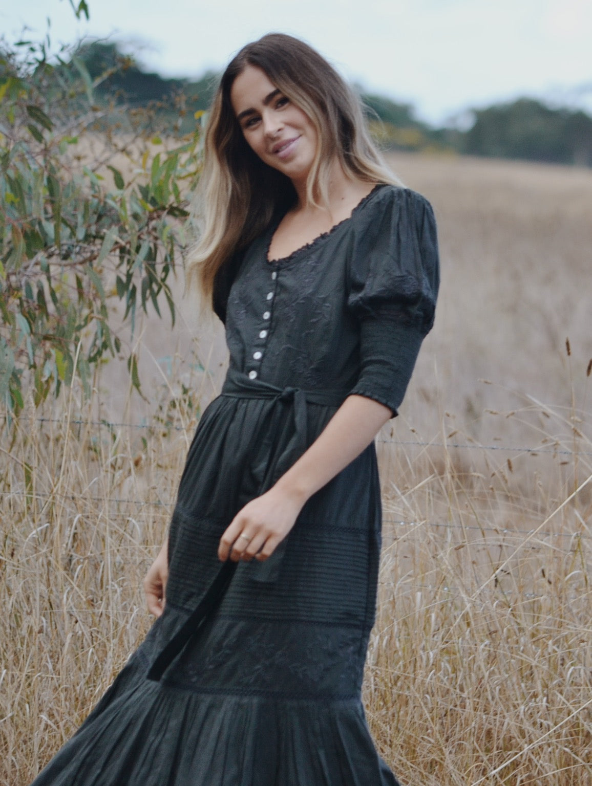100% RECYCLED COTTON - AUGUSTINE MAXI DRESS WASHED BLACK