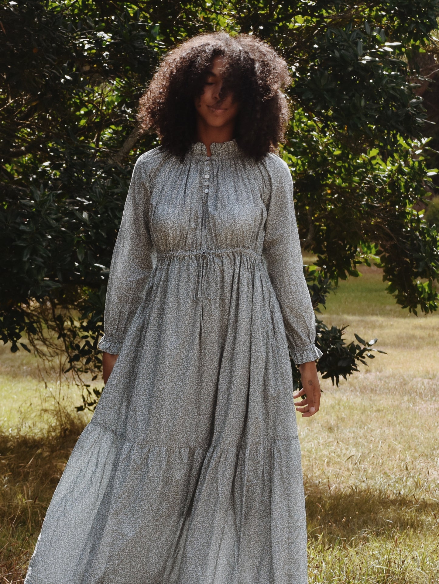 100% RECYCLED COTTON - PRAIRIE MAXI DRESS SAGE GREEN FLORAL