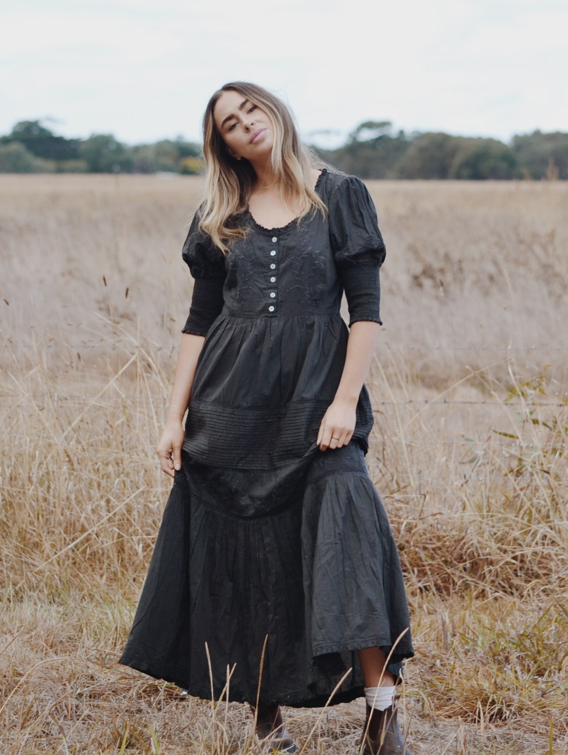 100% RECYCLED COTTON - AUGUSTINE MAXI DRESS WASHED BLACK