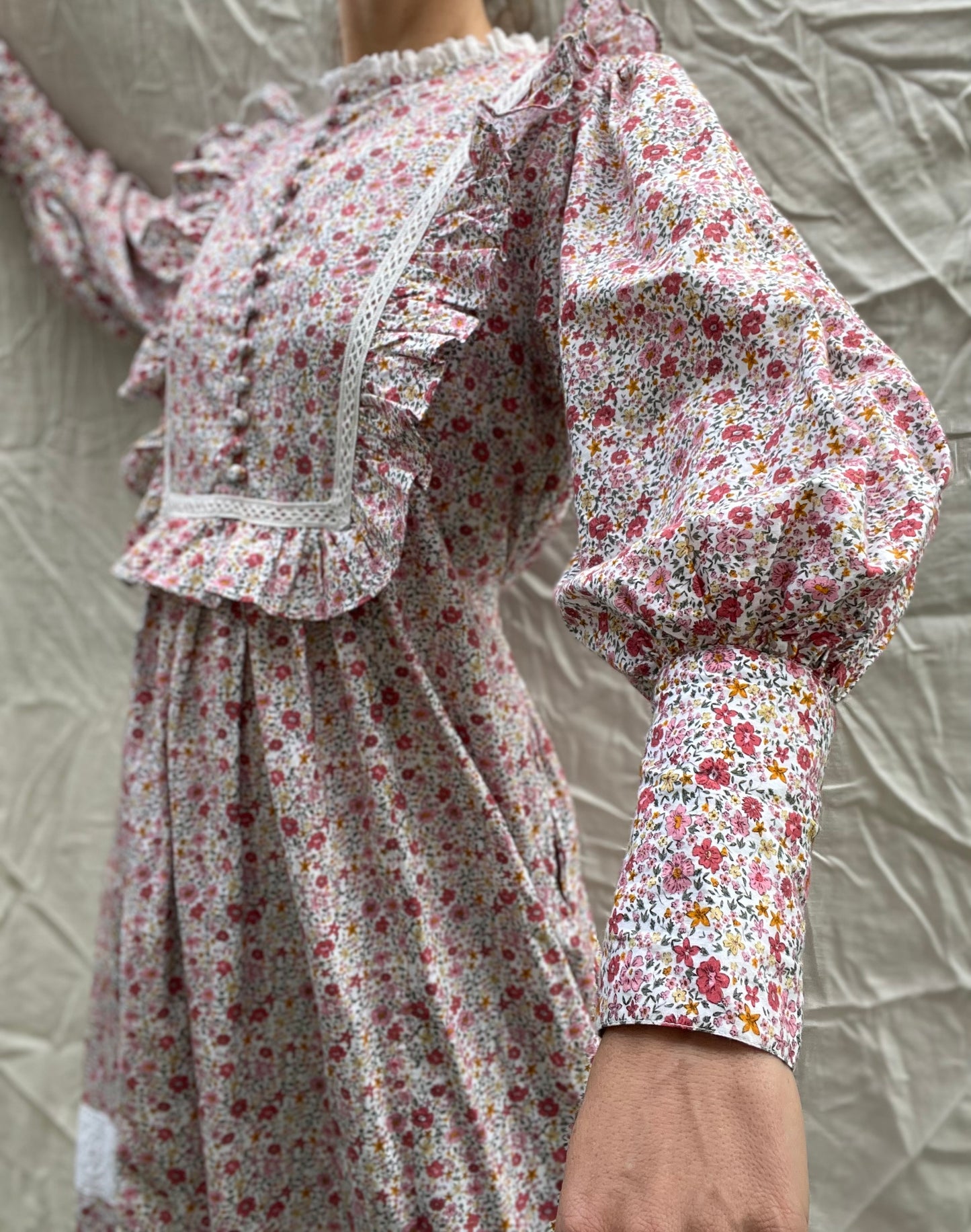 PRELOVED - 100% RECYCLED COTTON - CLARA DRESS PINK DITSY FLORAL SMALL