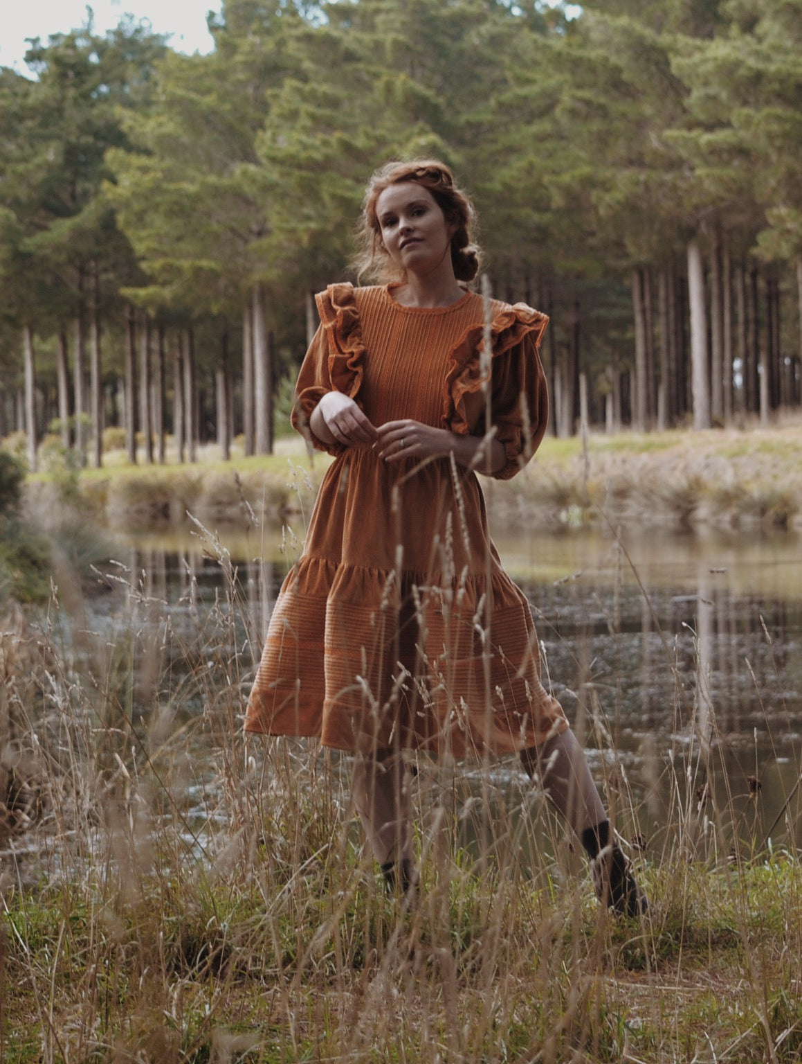 CLEMENTINE DRESS BURNT ORANGE VELVETEEN