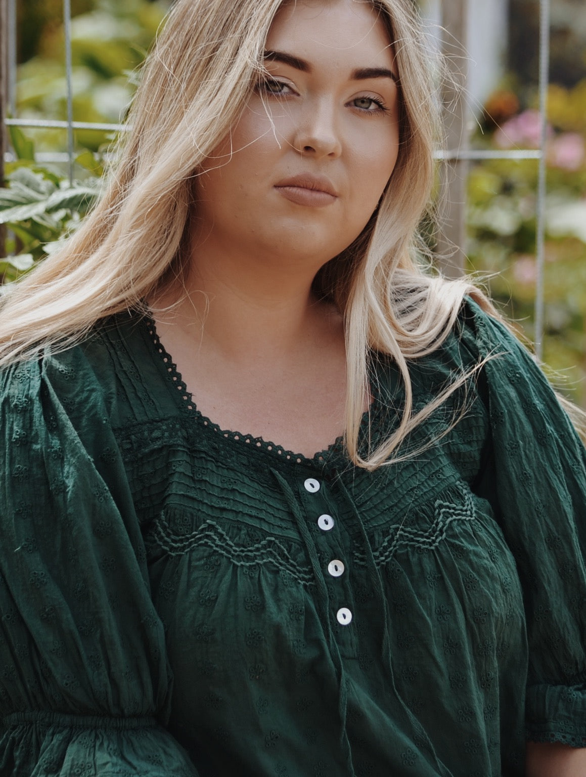MORNING SONG HAND SMOCKED BLOUSE FOREST GREEN