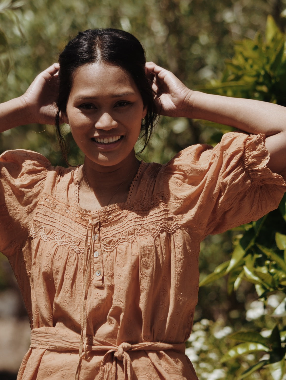 MORNING SONG HAND SMOCKED BLOUSE COPPER