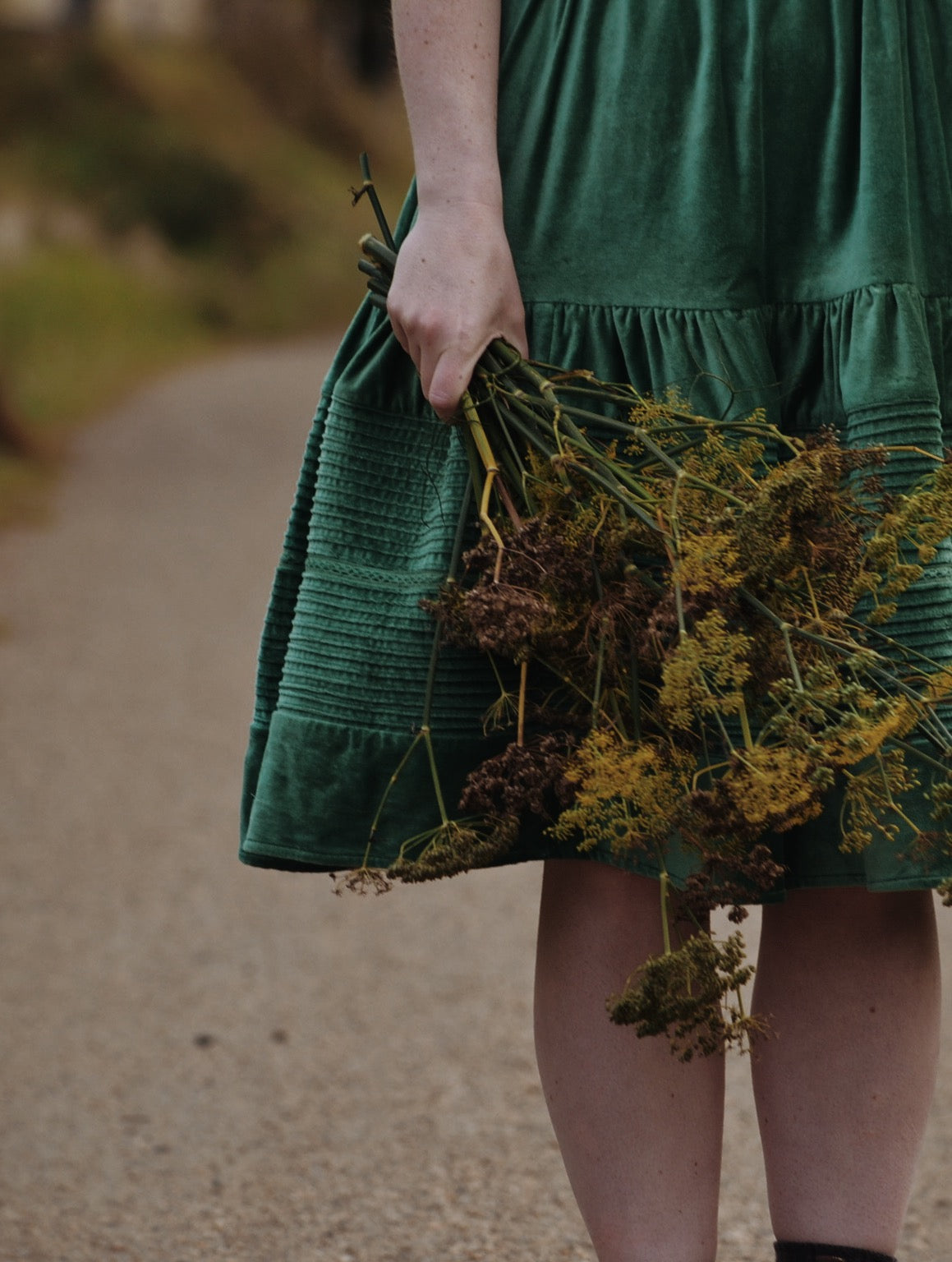 CLEMENTINE DRESS ANTIQUE GREEN VELVETEEN
