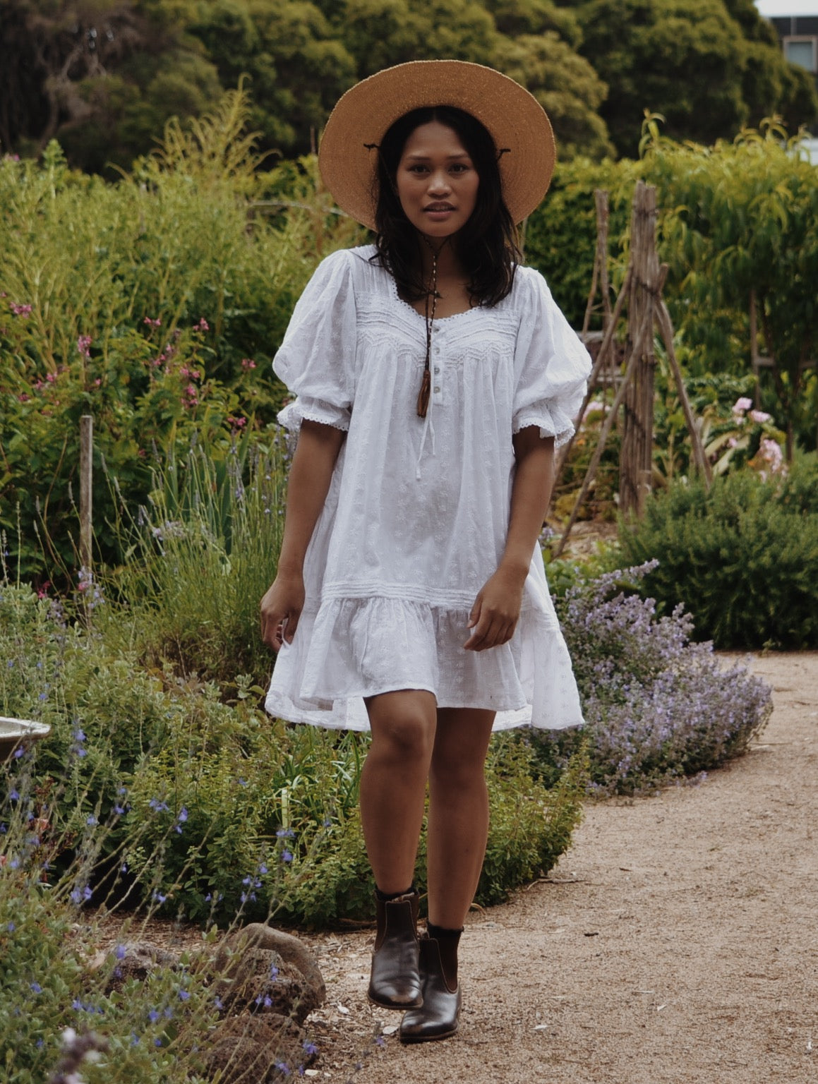 MORNING SONG HAND SMOCKED DRESS WHITE COTTON LACE