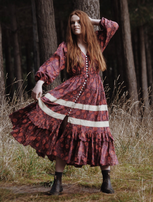 MAÈLI FRILL MIDI DRESS HAND BLOCK PLUM FLORAL