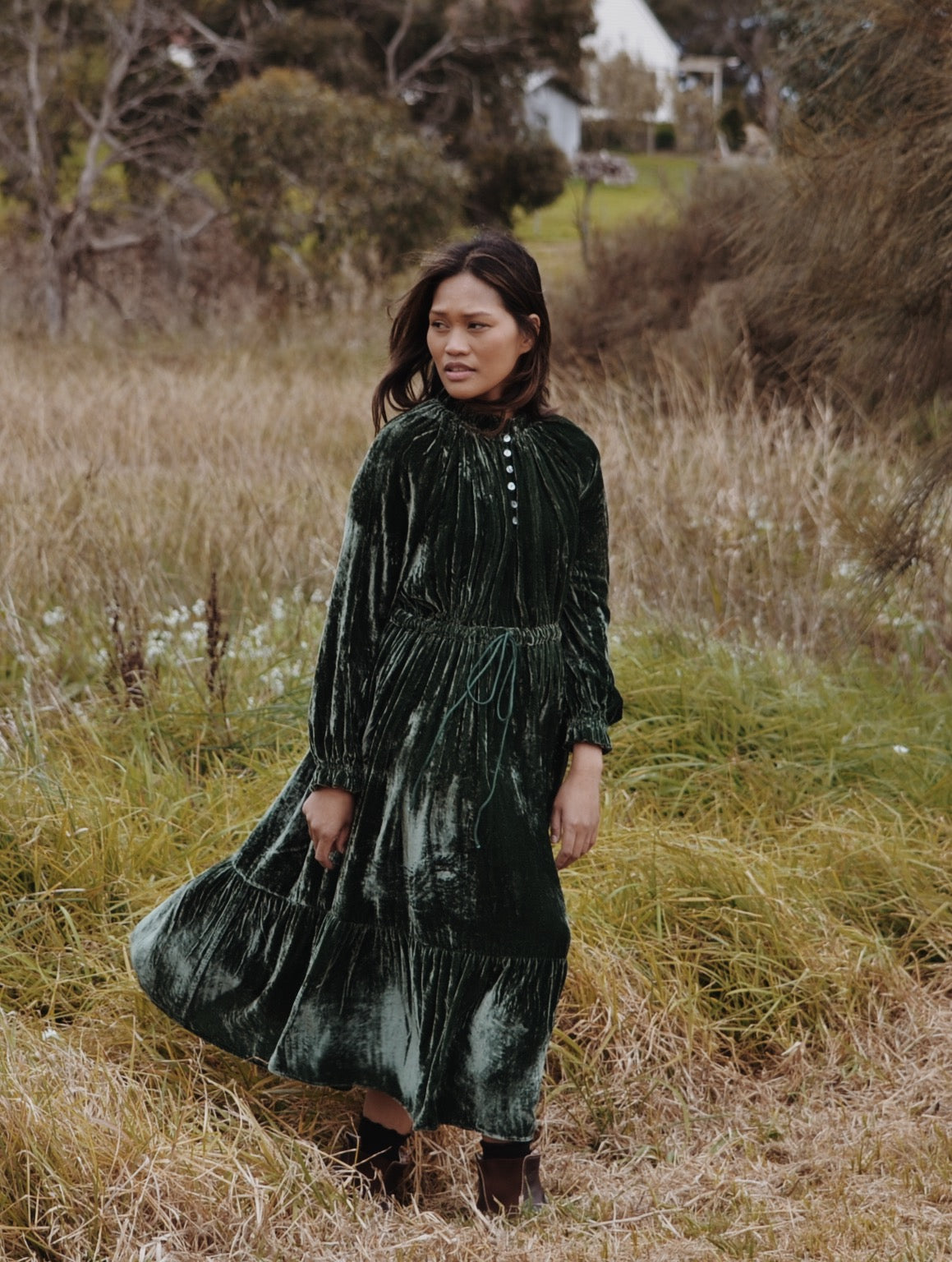 PRAIRIE SILK VELVET DRESS FOREST GREEN ANKOA PRAIRIE SILK VELVET DRESS FOREST GREEN ANKOA