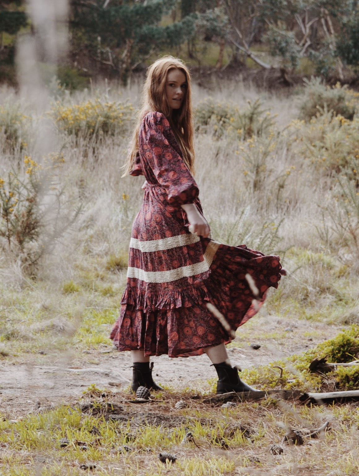 MAÈLI FRILL MIDI DRESS HAND BLOCK PLUM FLORAL