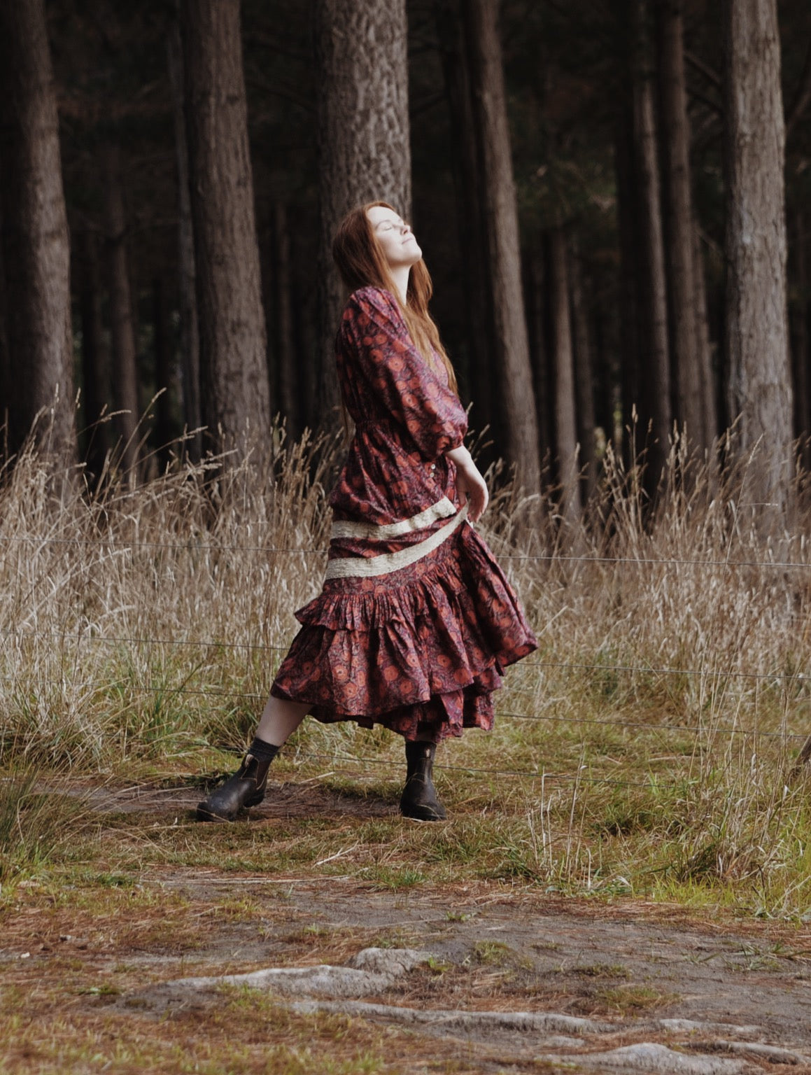 MAÈLI FRILL MIDI DRESS HAND BLOCK PLUM FLORAL