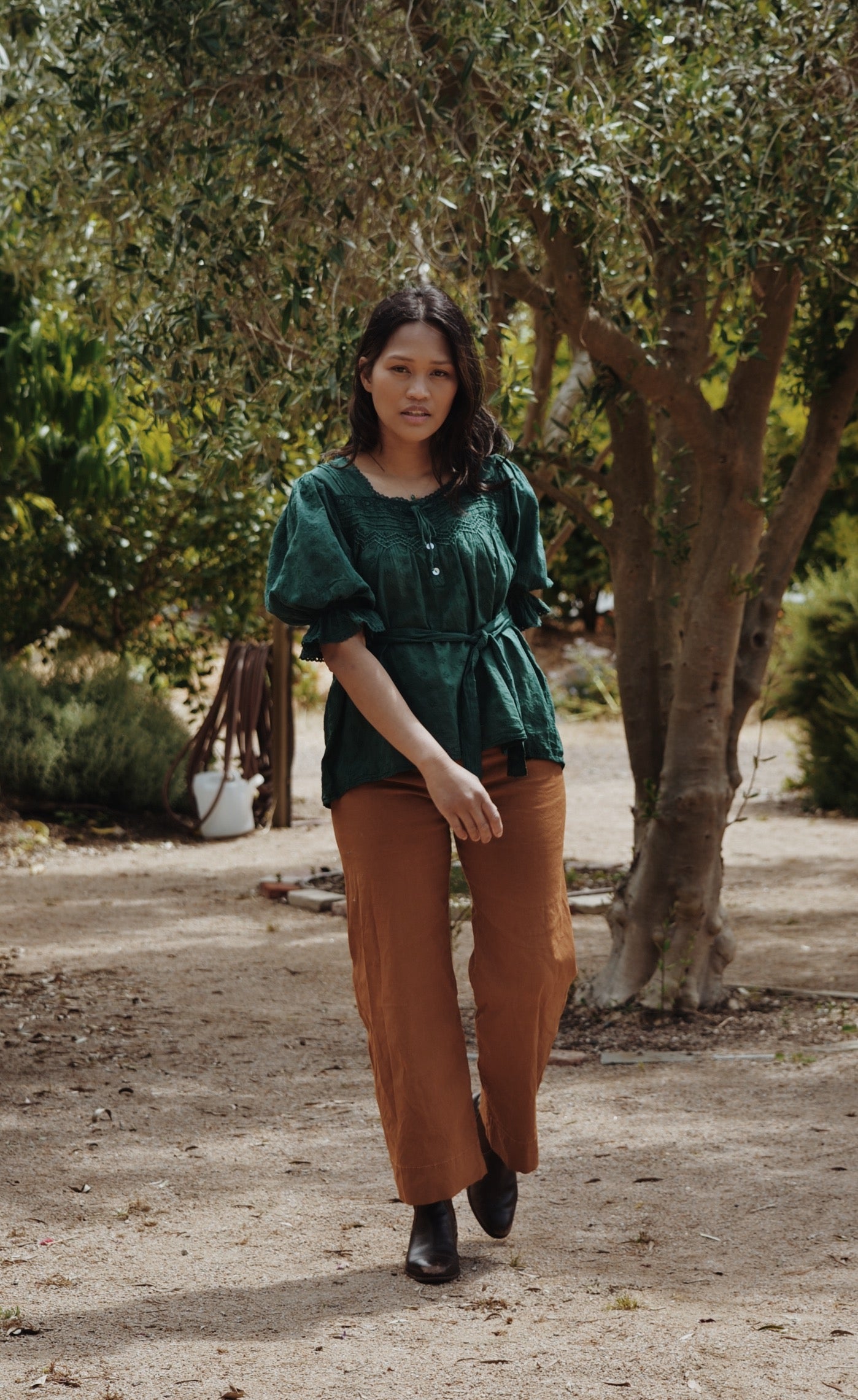 MORNING SONG HAND SMOCKED BLOUSE FOREST GREEN
