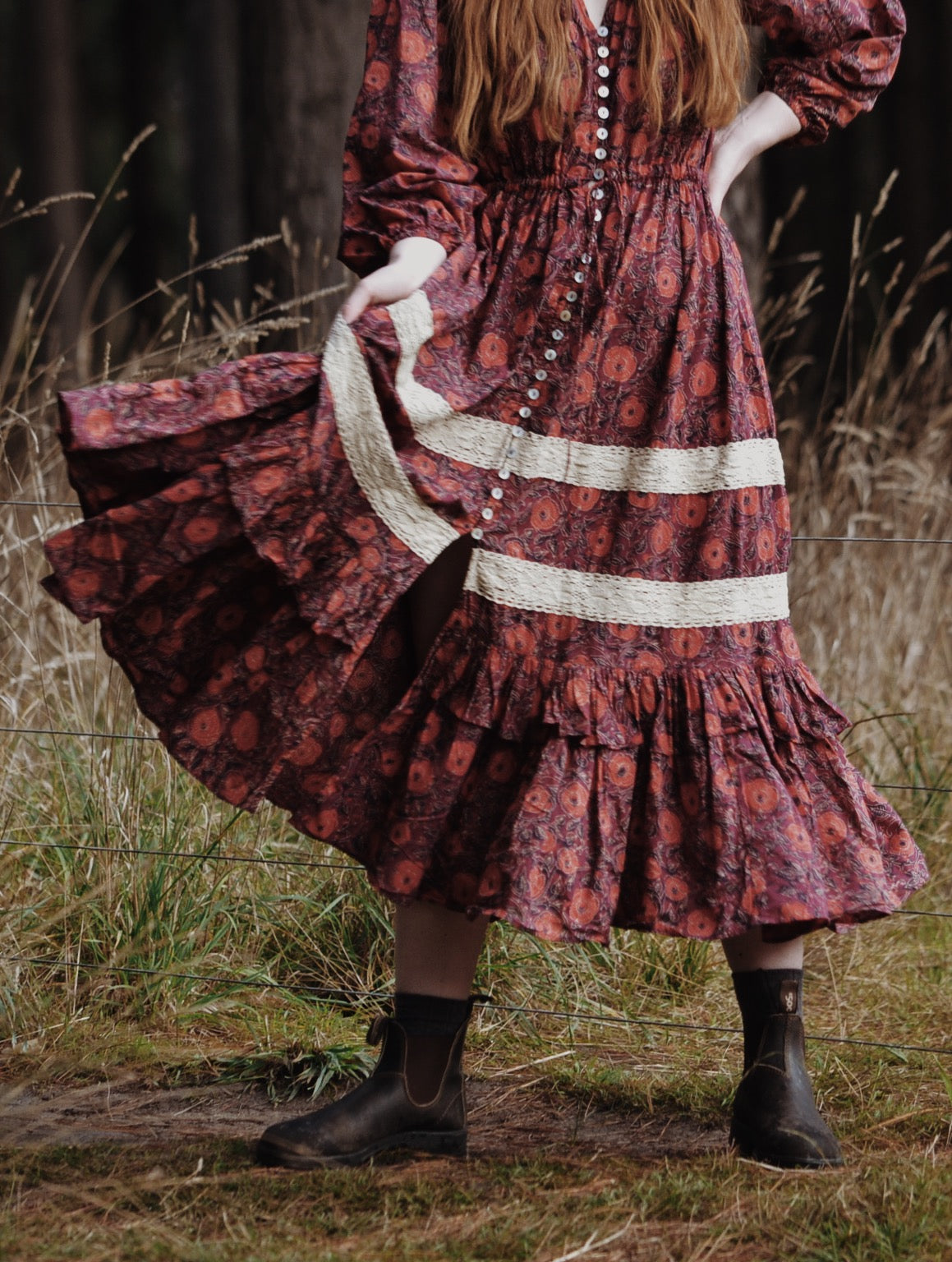 MAÈLI FRILL MIDI DRESS HAND BLOCK PLUM FLORAL