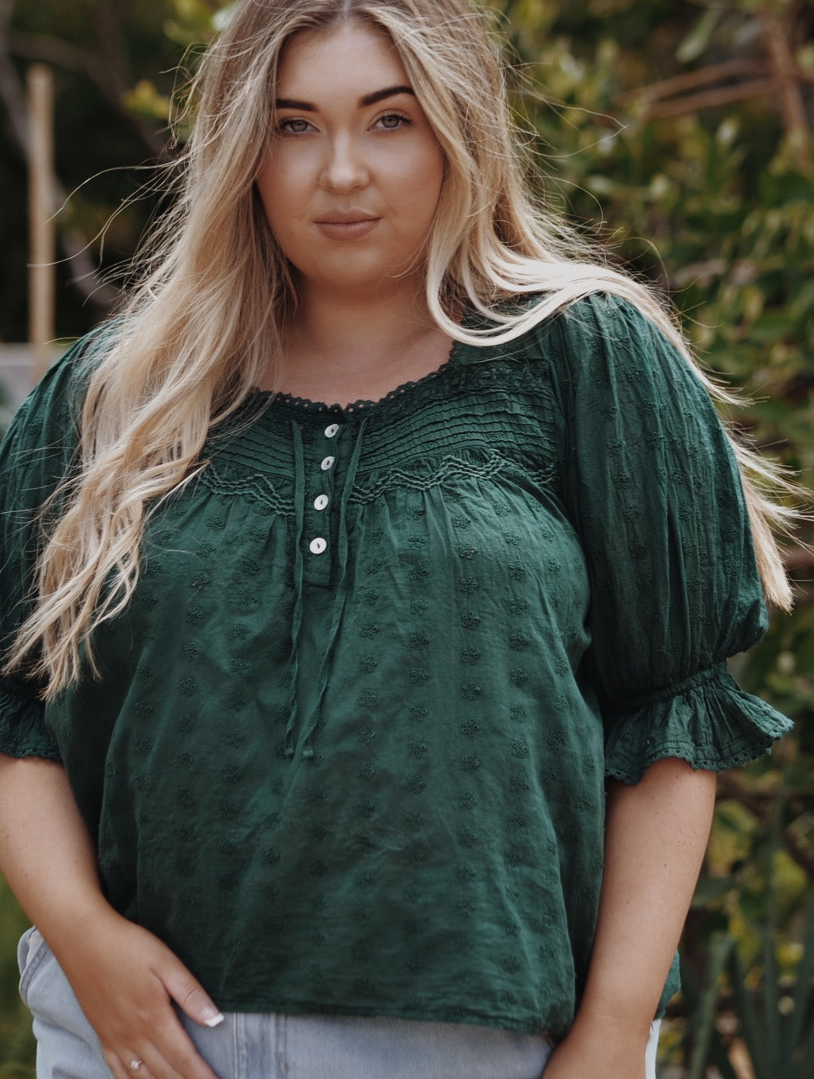 MORNING SONG HAND SMOCKED BLOUSE FOREST GREEN