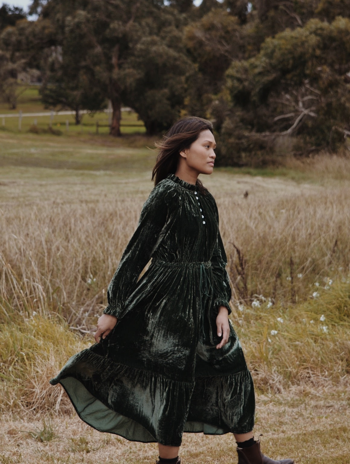 PRAIRIE SILK VELVET DRESS FOREST GREEN