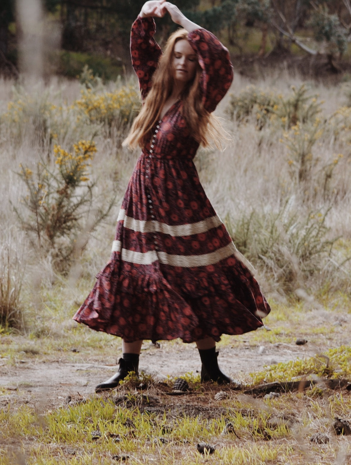 MAÈLI FRILL MIDI DRESS HAND BLOCK PLUM FLORAL