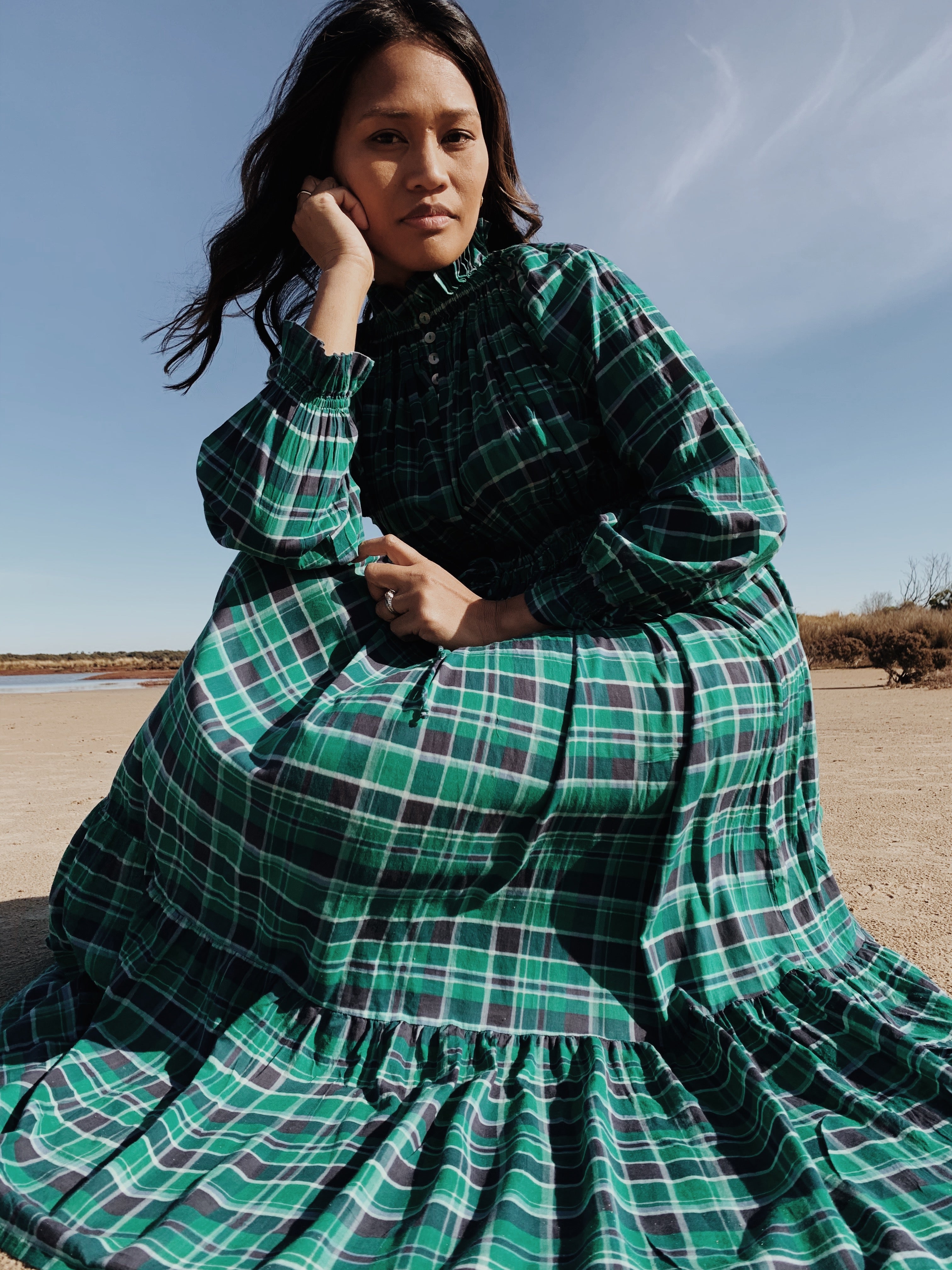 PRAIRIE DRESS PLAID FOREST GREEN PRINT ANKOA PRAIRIE DRESS PLAID FOREST GREEN PRINT ANKOA
