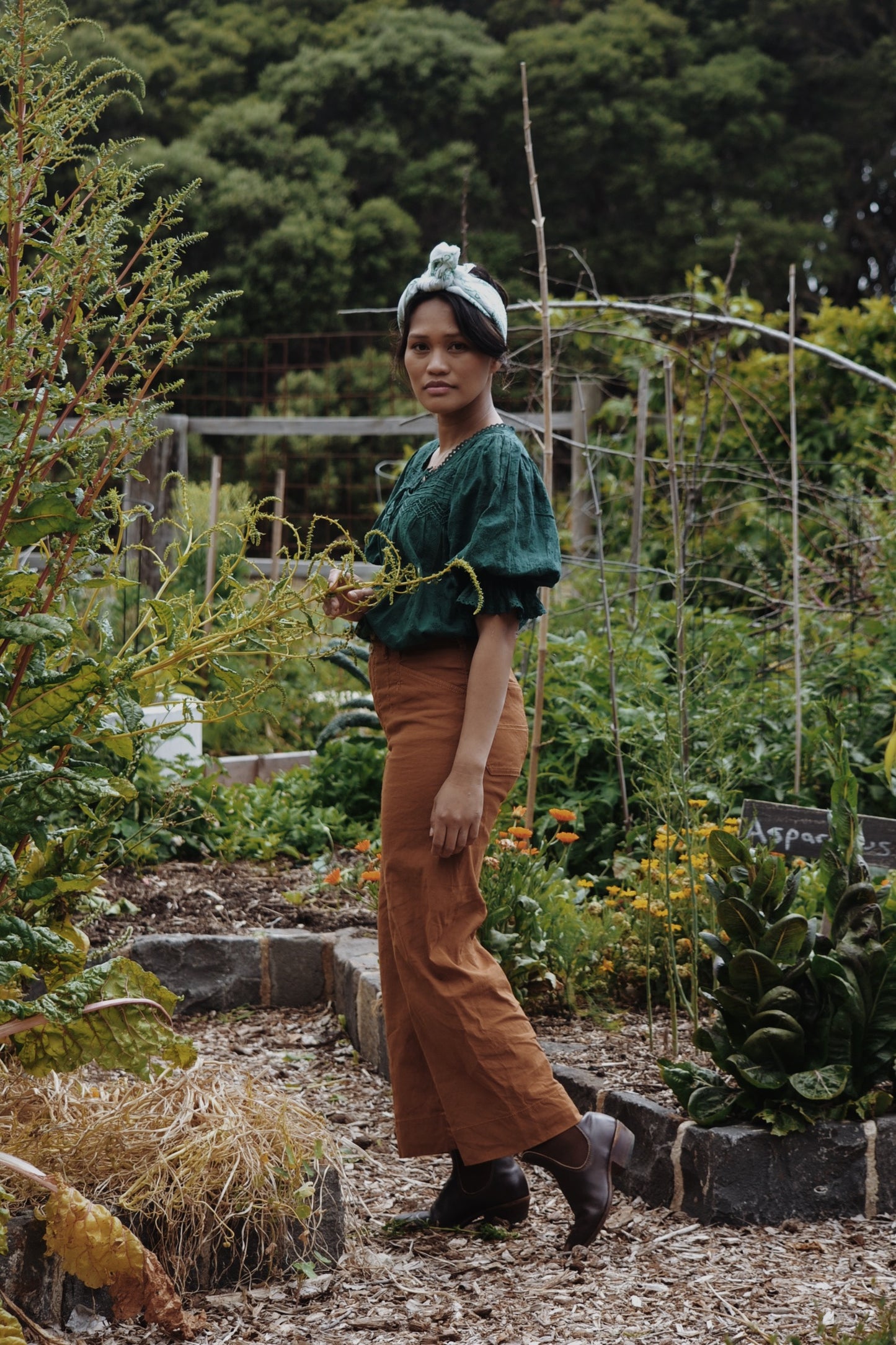 MORNING SONG HAND SMOCKED BLOUSE FOREST GREEN