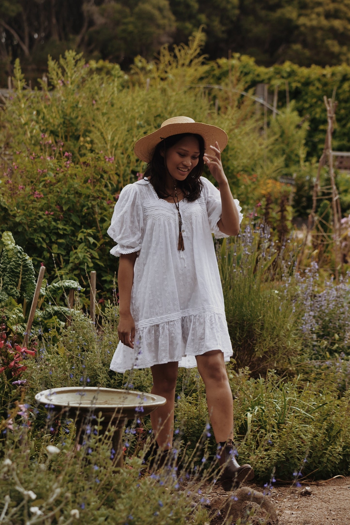 MORNING SONG HAND SMOCKED DRESS WHITE COTTON LACE