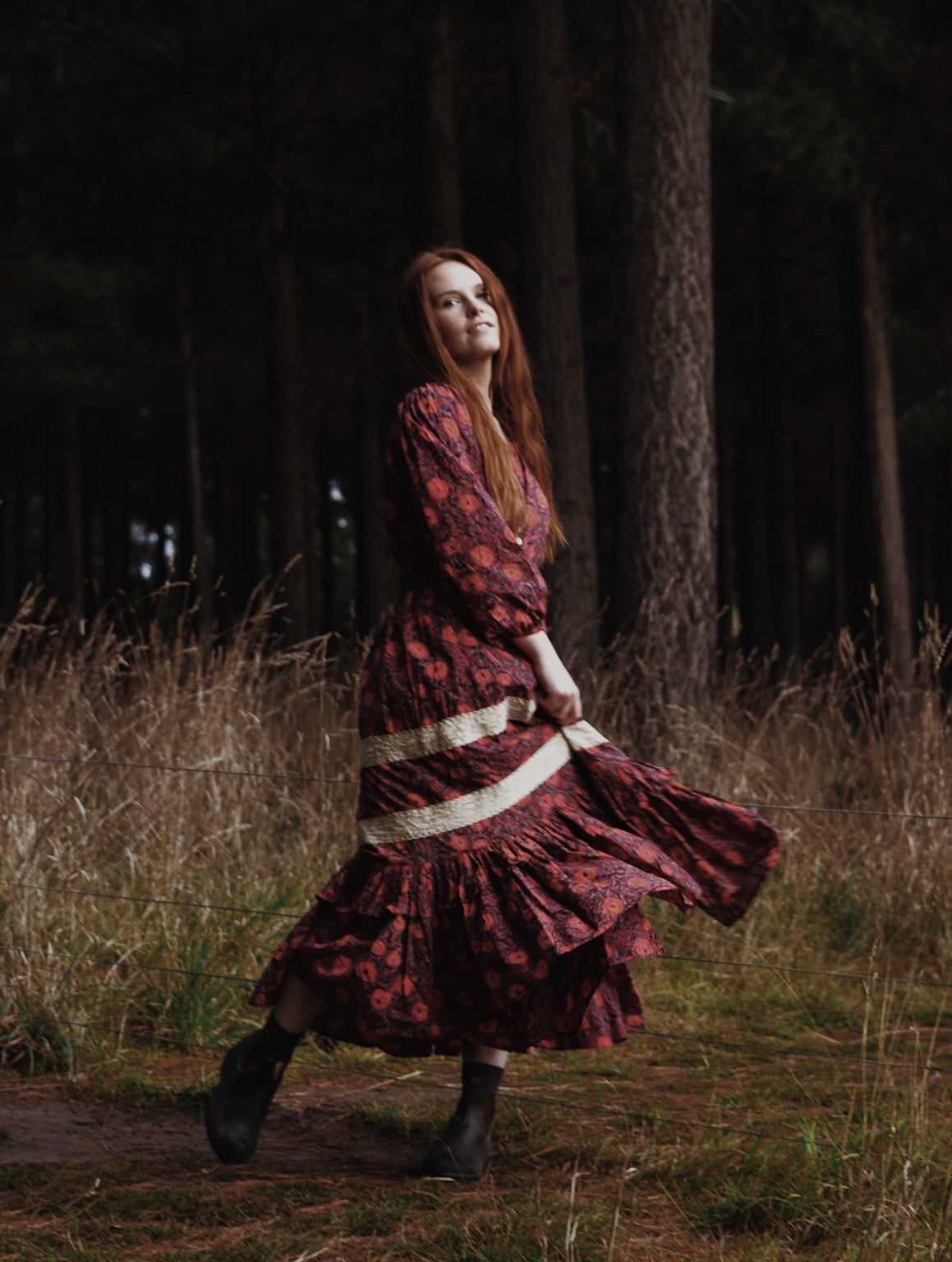 MAÈLI FRILL MIDI DRESS HAND BLOCK PLUM FLORAL