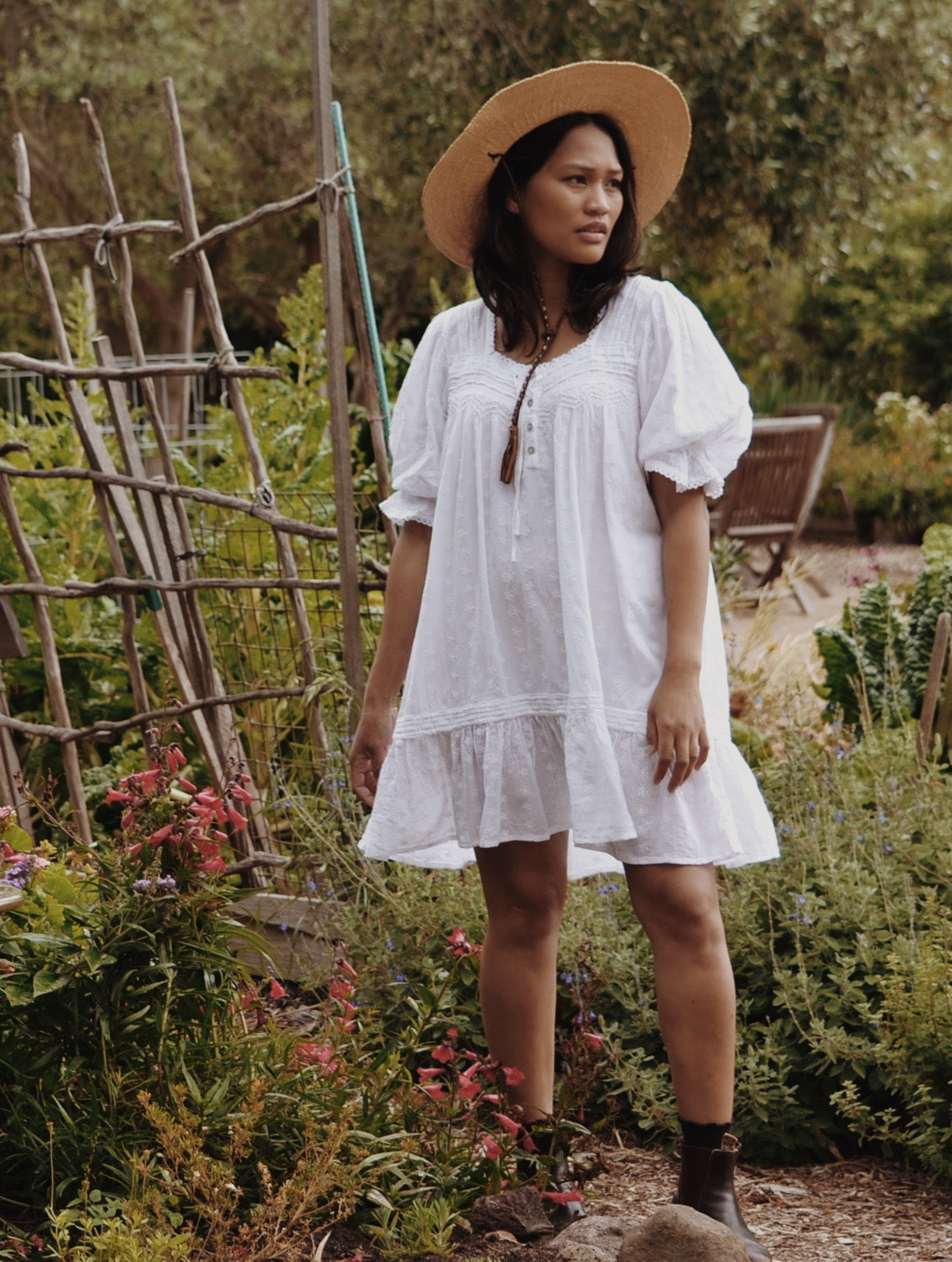 MORNING SONG HAND SMOCKED DRESS WHITE COTTON LACE