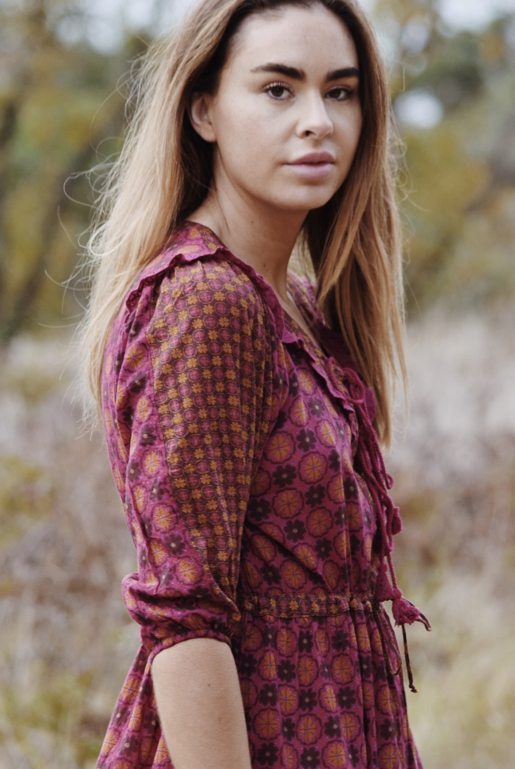 THEA PLUM & MUSTARD FLORAL GEOMETRIC PRINT DRESS