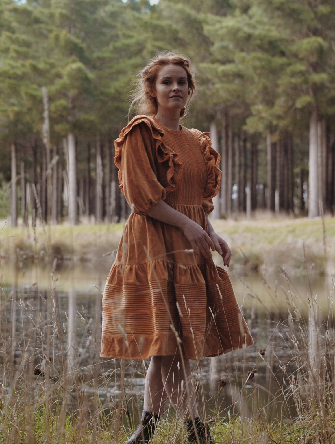 CLEMENTINE DRESS BURNT ORANGE VELVETEEN