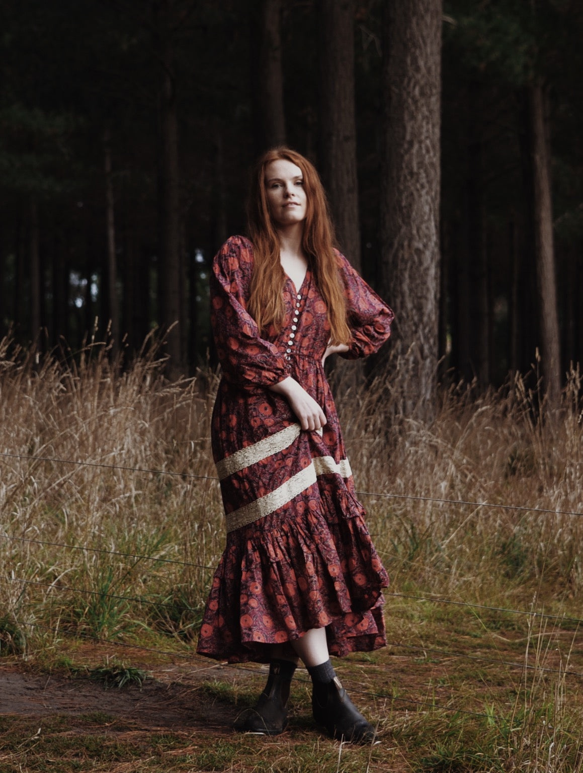 MAÈLI FRILL MIDI DRESS HAND BLOCK PLUM FLORAL