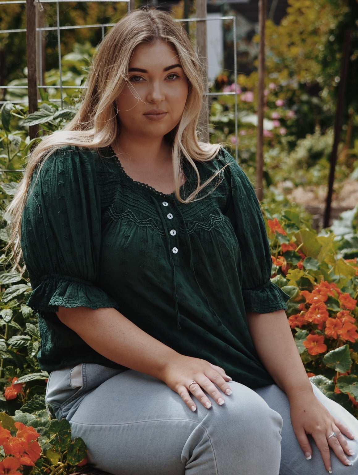 MORNING SONG HAND SMOCKED BLOUSE FOREST GREEN