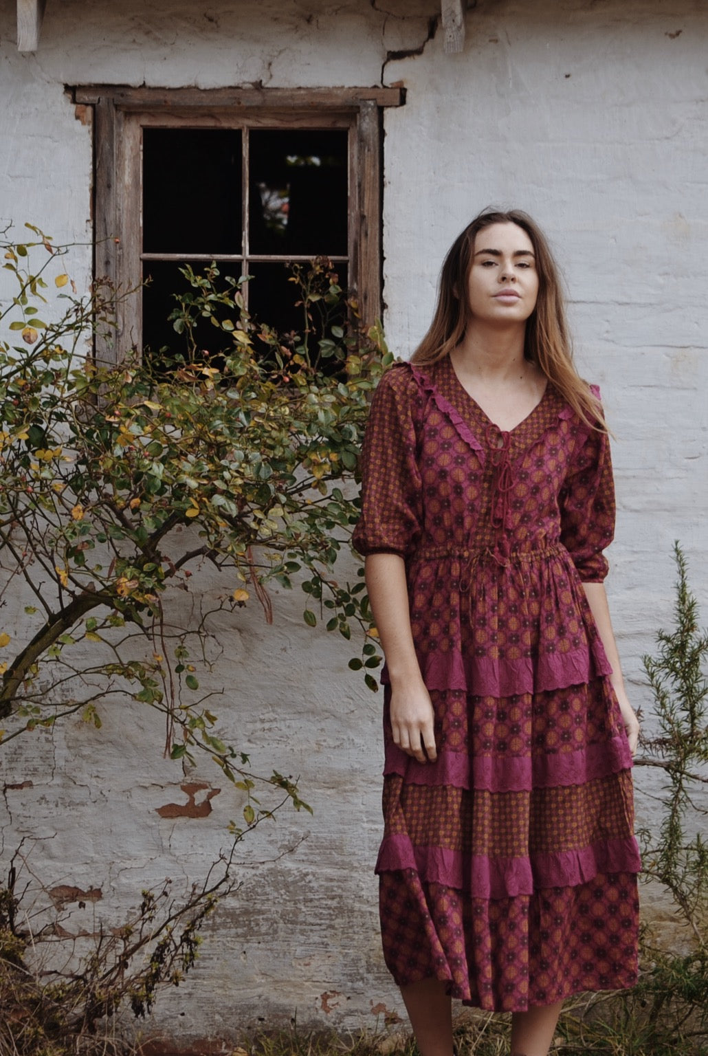THEA PLUM & MUSTARD FLORAL GEOMETRIC PRINT DRESS
