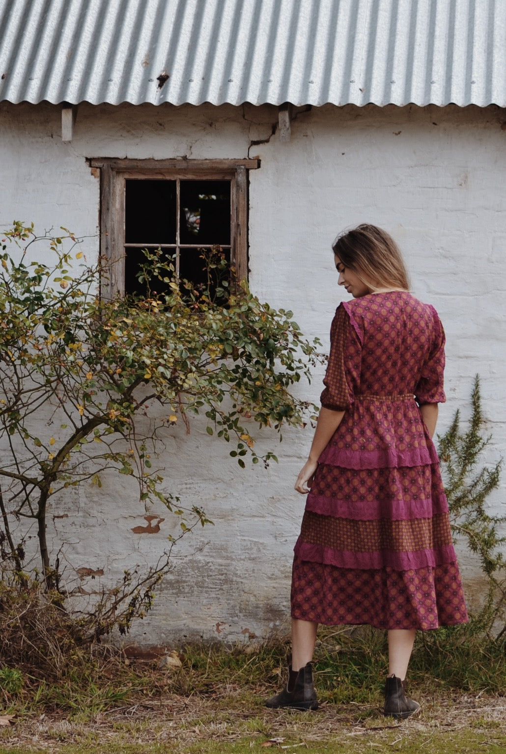THEA PLUM & MUSTARD FLORAL GEOMETRIC PRINT DRESS