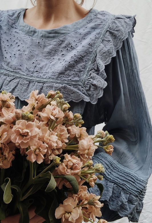 SECOND - BEATRIX BLOUSE DUSTY BLUE COTTON GAUZE