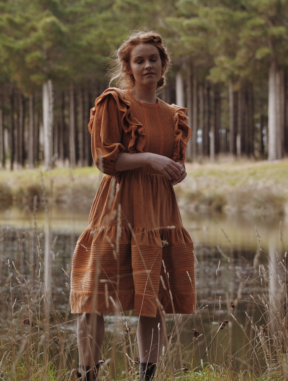 CLEMENTINE DRESS BURNT ORANGE VELVETEEN
