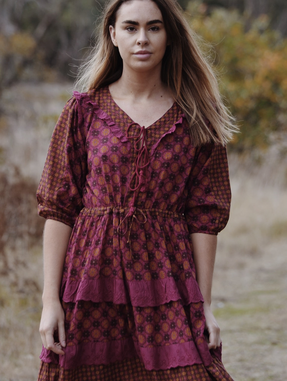 THEA PLUM & MUSTARD FLORAL GEOMETRIC PRINT DRESS