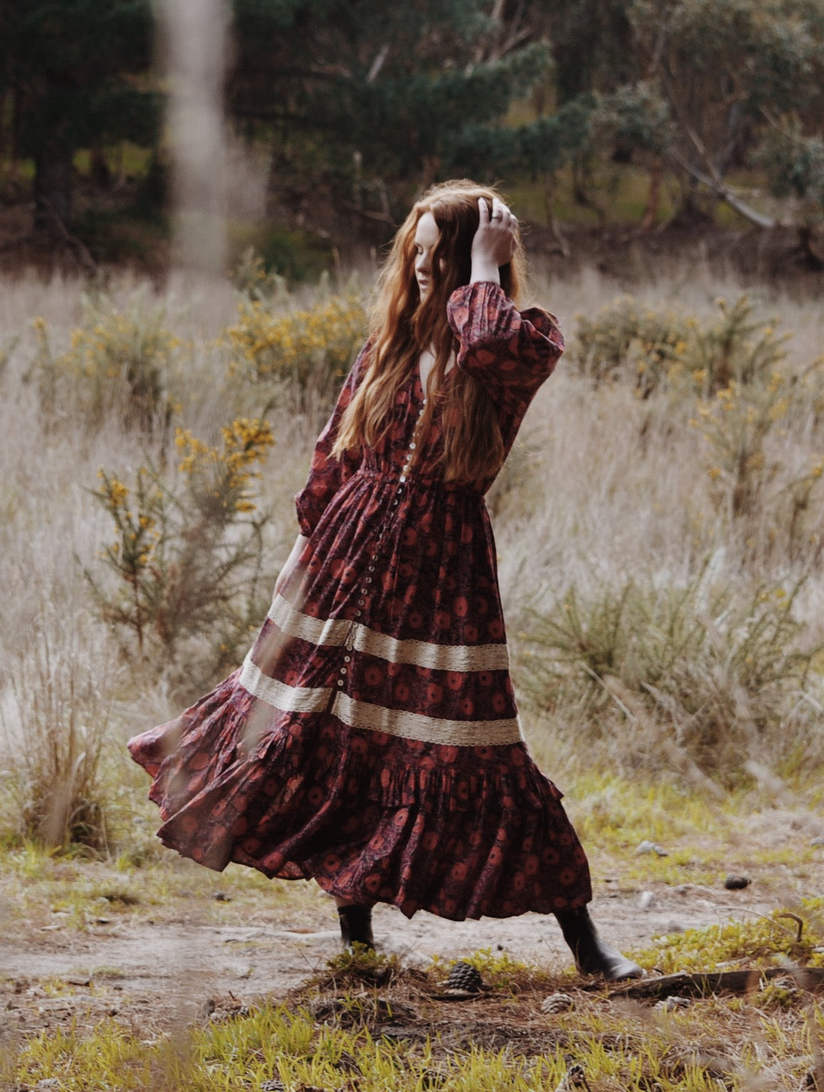 MAÈLI FRILL MIDI DRESS HAND BLOCK PLUM FLORAL