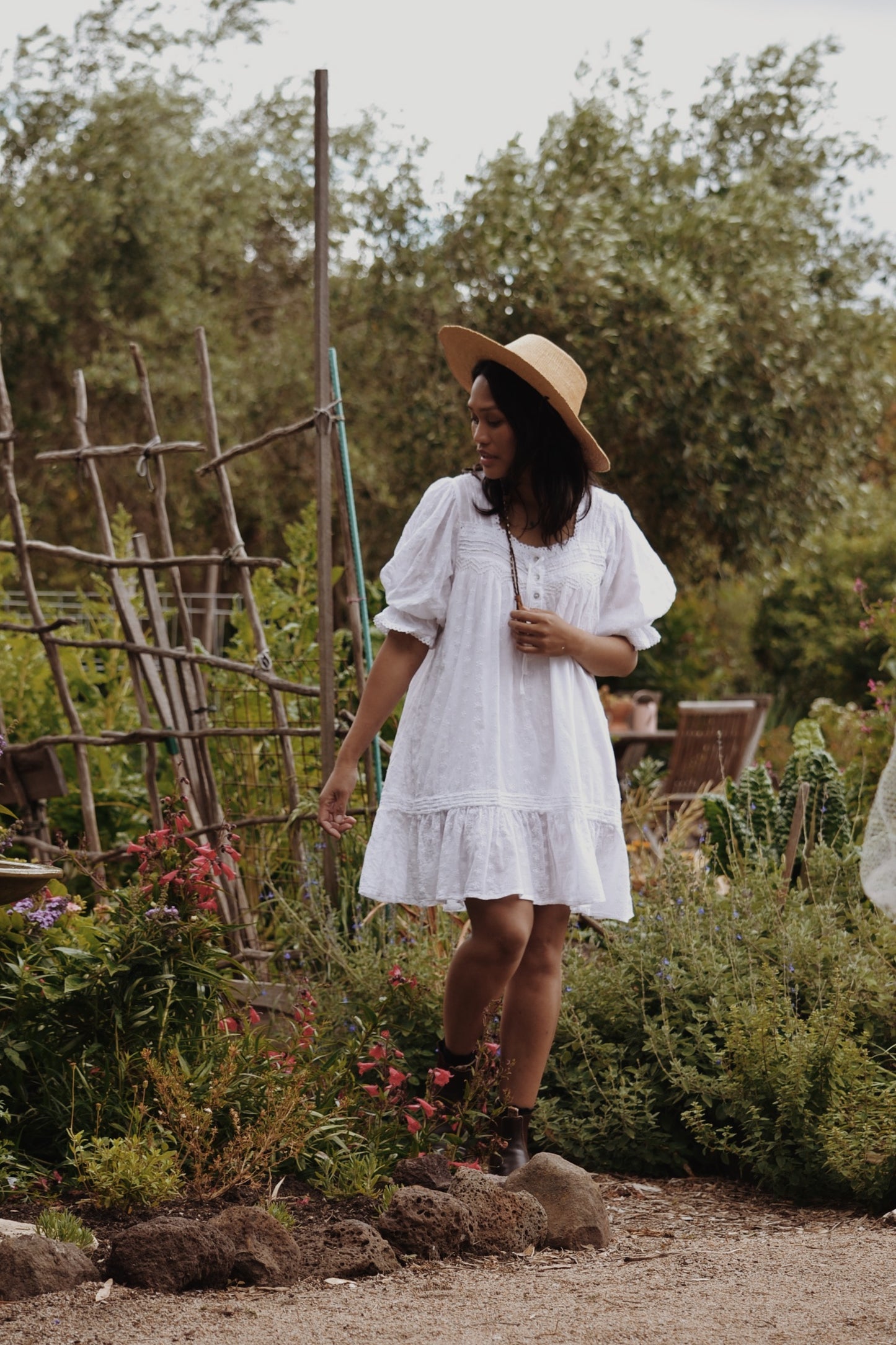 MORNING SONG HAND SMOCKED DRESS WHITE COTTON LACE