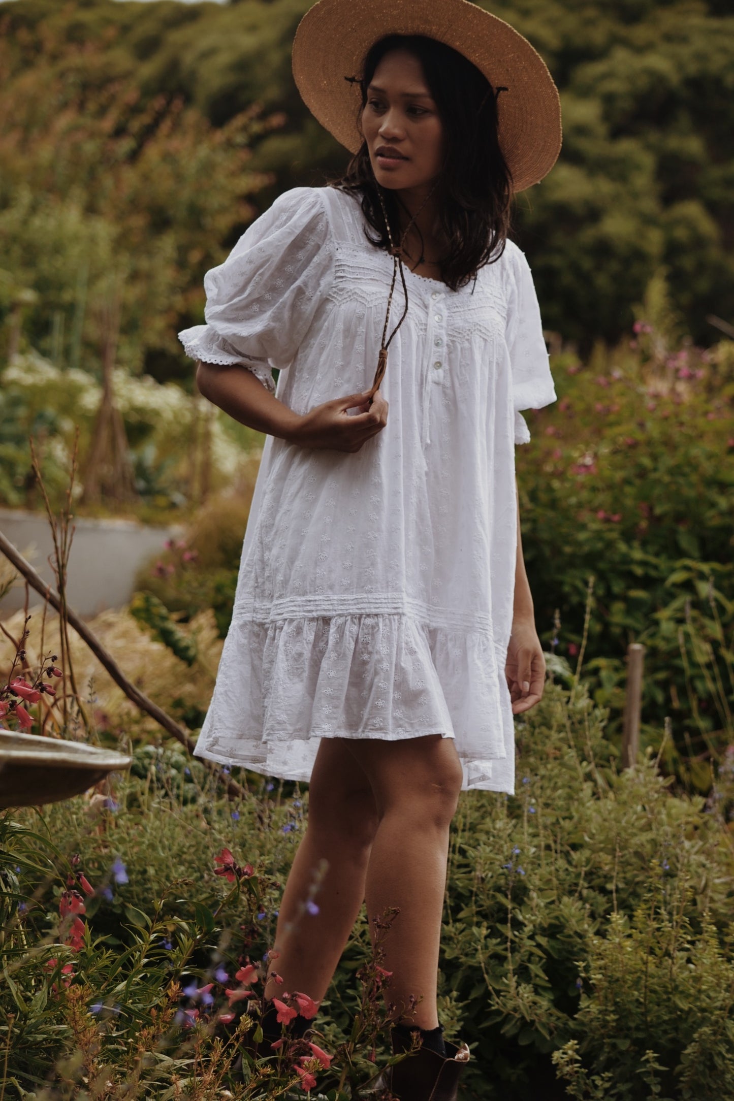 MORNING SONG HAND SMOCKED DRESS WHITE COTTON LACE