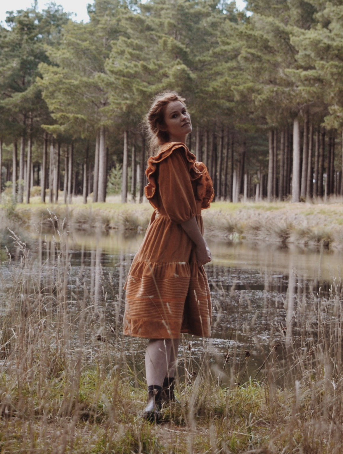 CLEMENTINE DRESS BURNT ORANGE VELVETEEN