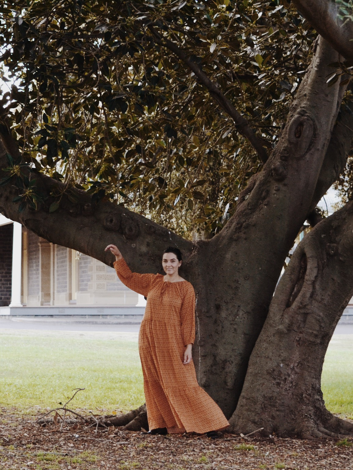 PRU MAXI DRESS OCHRE STAMP PRINT