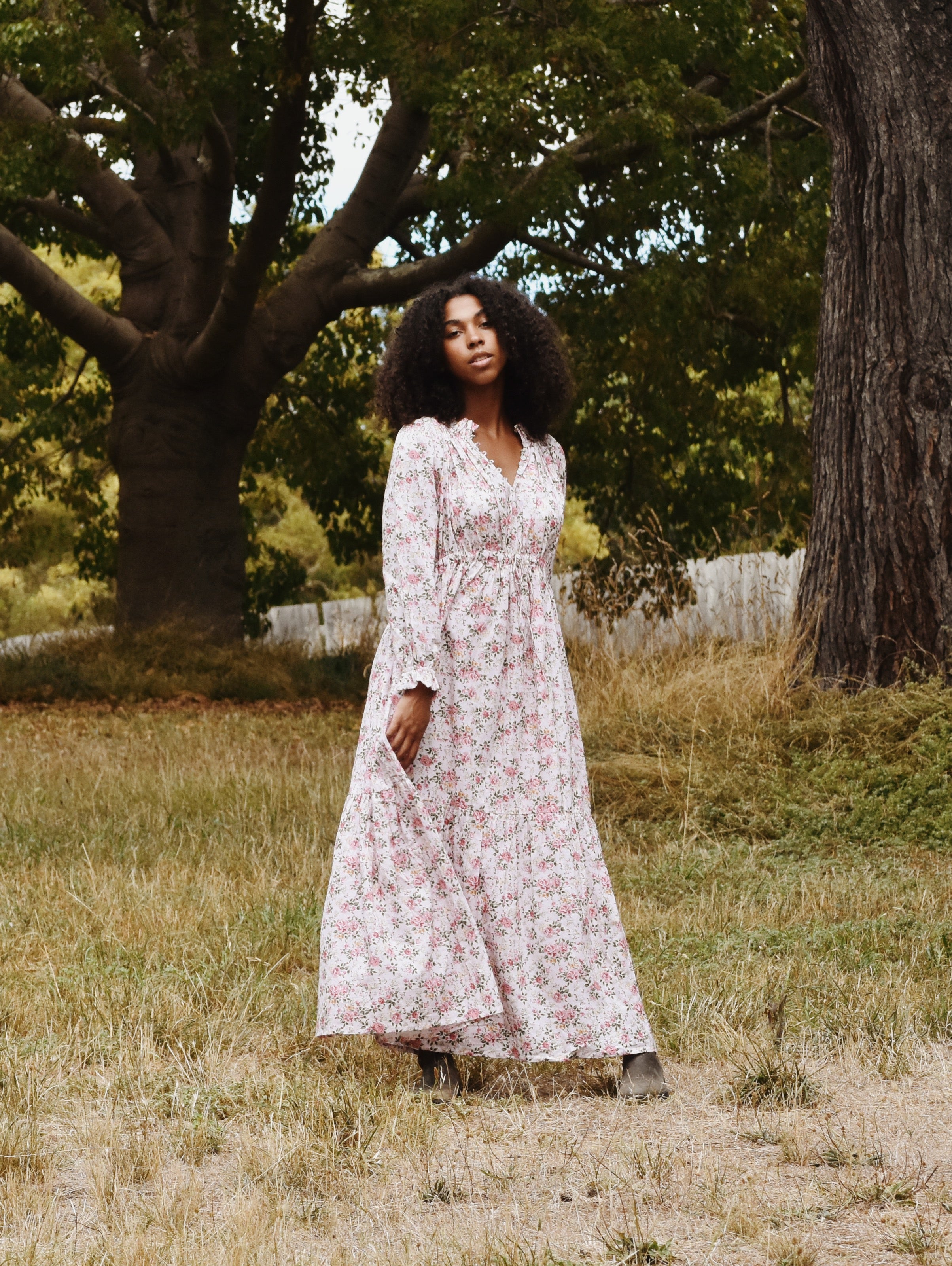 100% RECYCLED COTTON - PRAIRIE MAXI DRESS PINK ROSE FLORAL ANKOA 100% RECYCLED COTTON - PRAIRIE MAXI DRESS PINK ROSE FLORAL ANKOA
