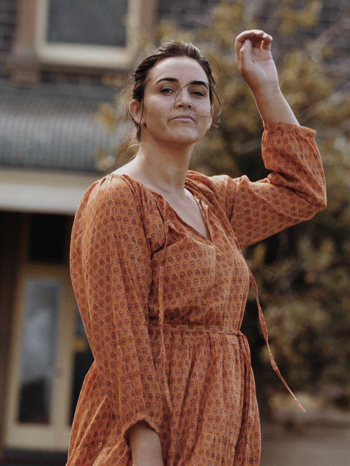 PRU MAXI DRESS OCHRE STAMP PRINT