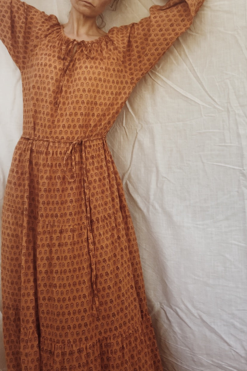 PRU MAXI DRESS OCHRE STAMP PRINT