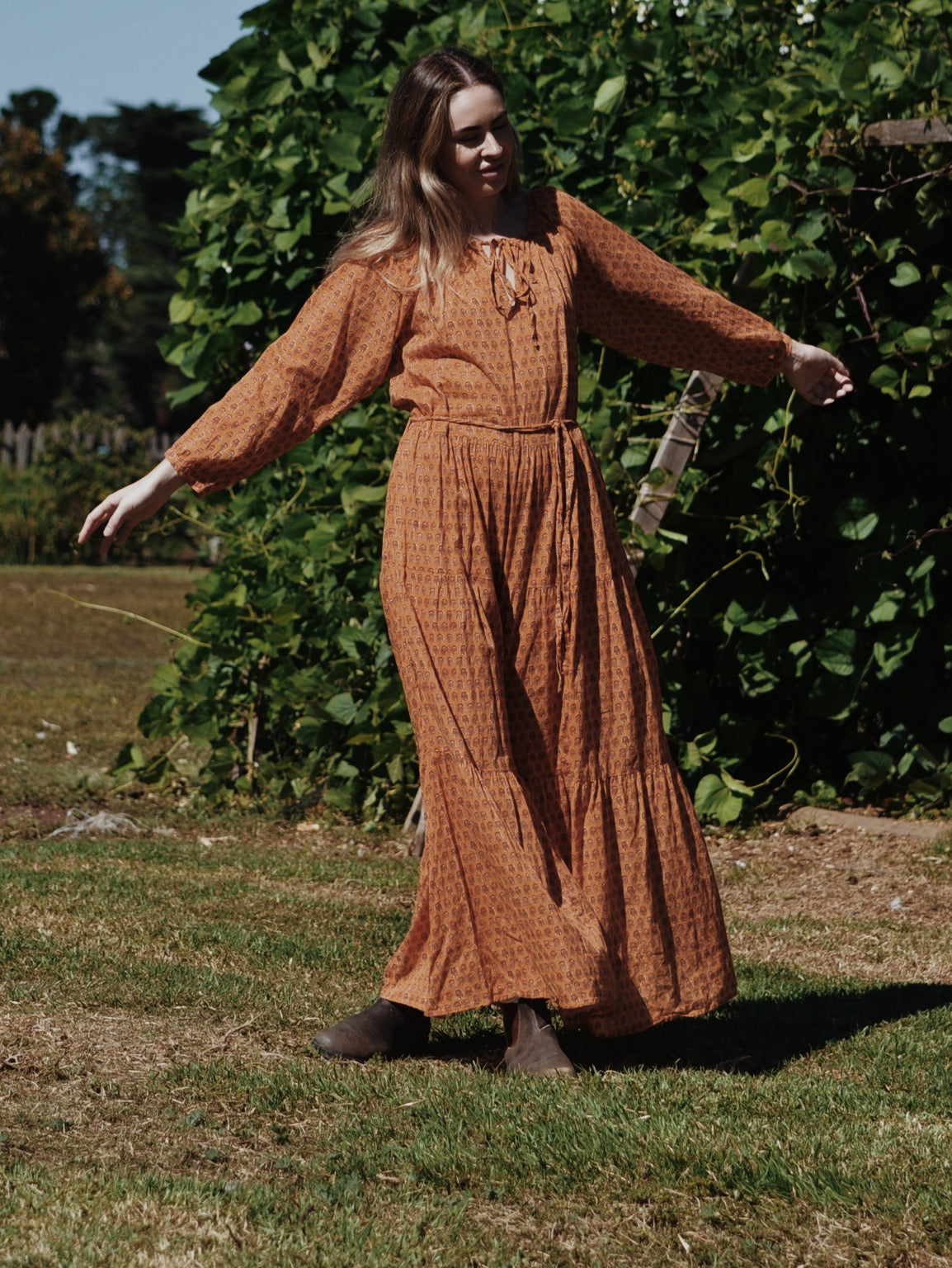 PRU MAXI DRESS OCHRE STAMP PRINT
