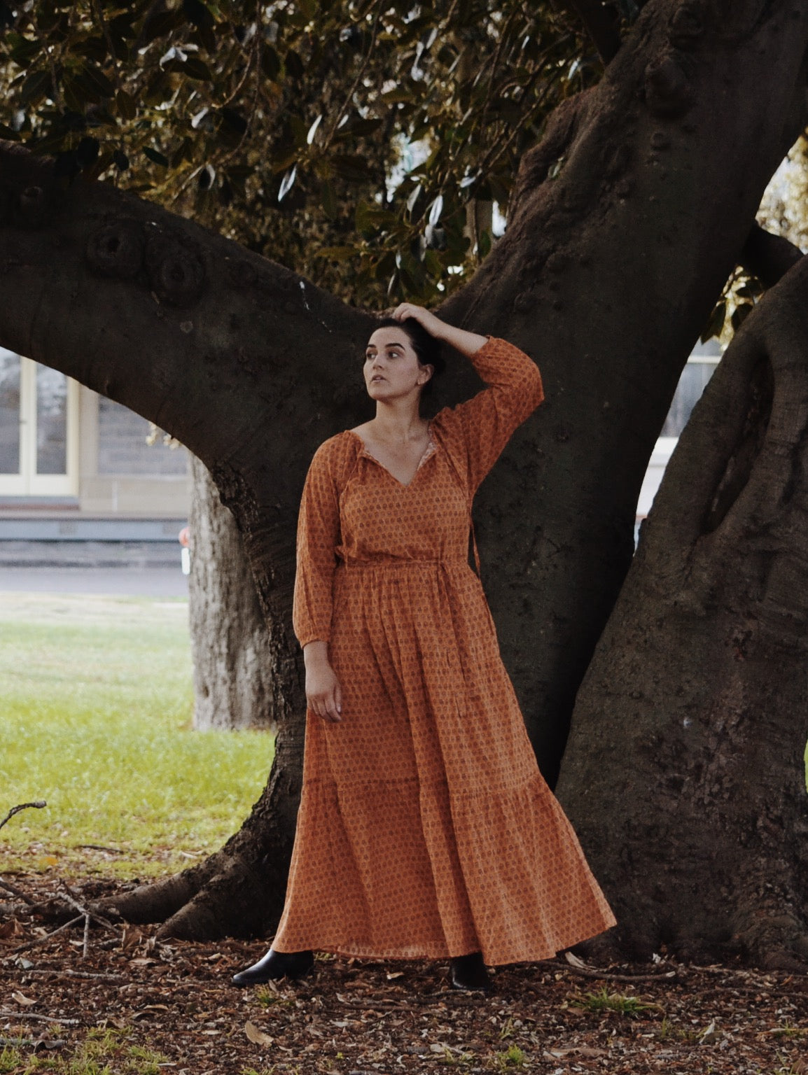 PRU MAXI DRESS OCHRE STAMP PRINT