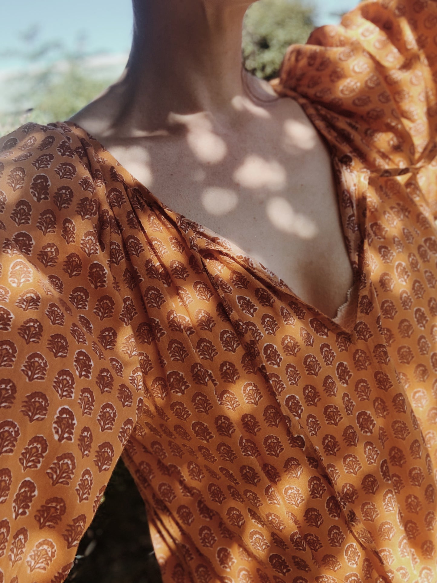 PRU MAXI DRESS OCHRE STAMP PRINT