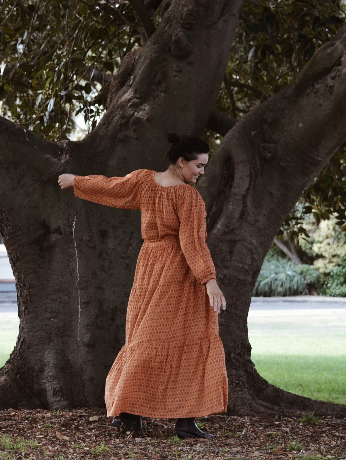 PRU MAXI DRESS OCHRE STAMP PRINT