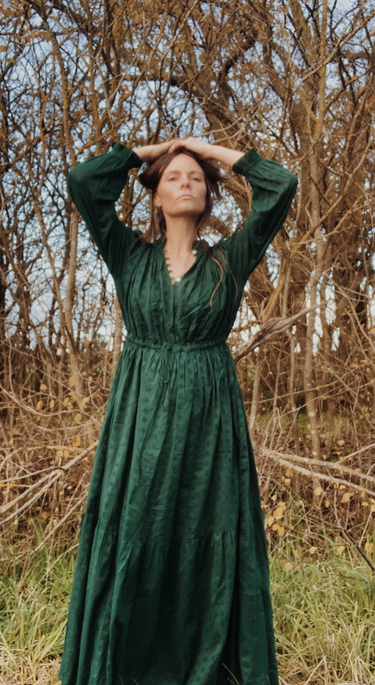 SAMPLE - 100% RECYCLED COTTON - PRAIRIE MAXI DRESS FOREST GREEN LACE